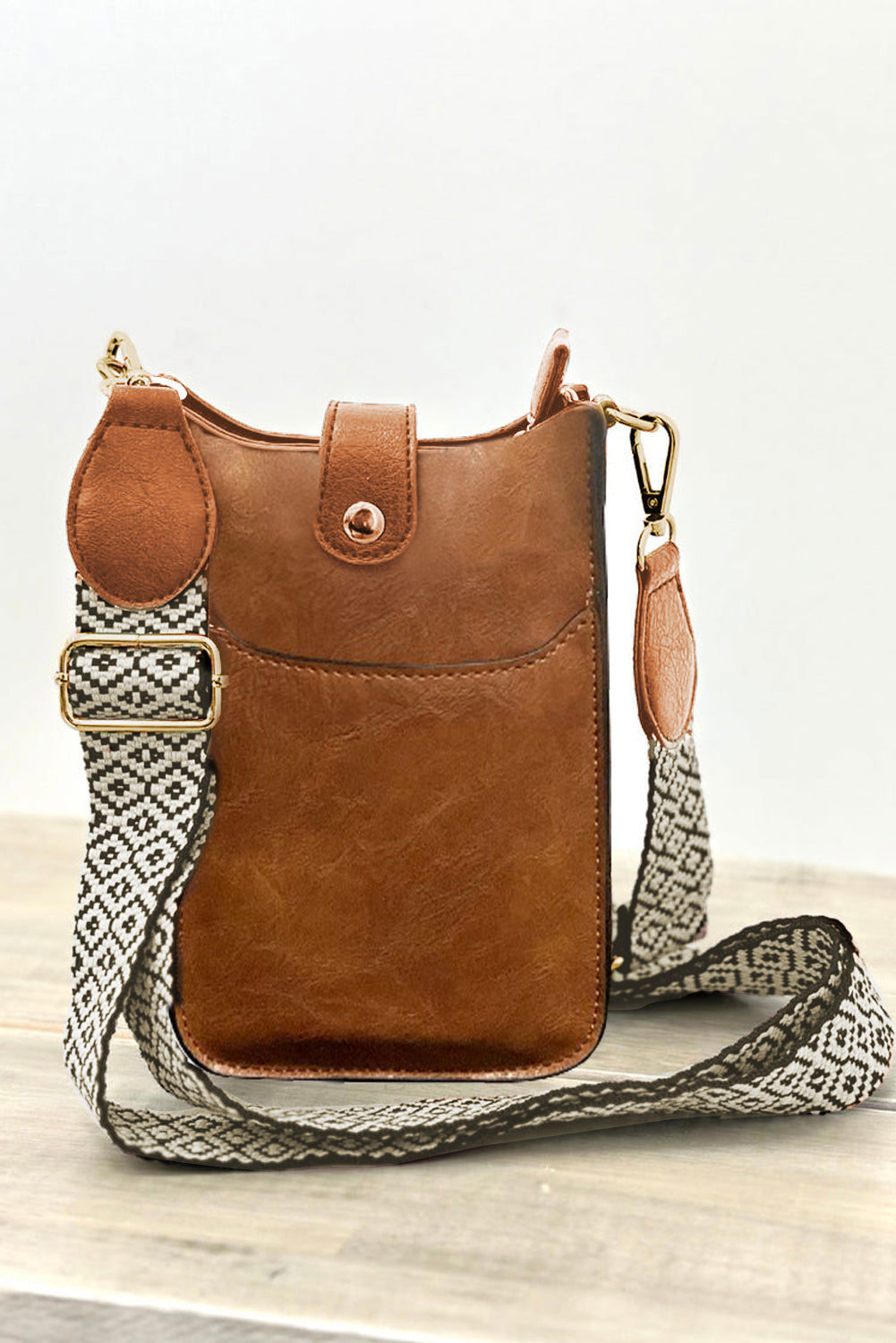 Coffee Geometric Strap PU Leather Crossbody Bag - Bellisima Clothing Collective