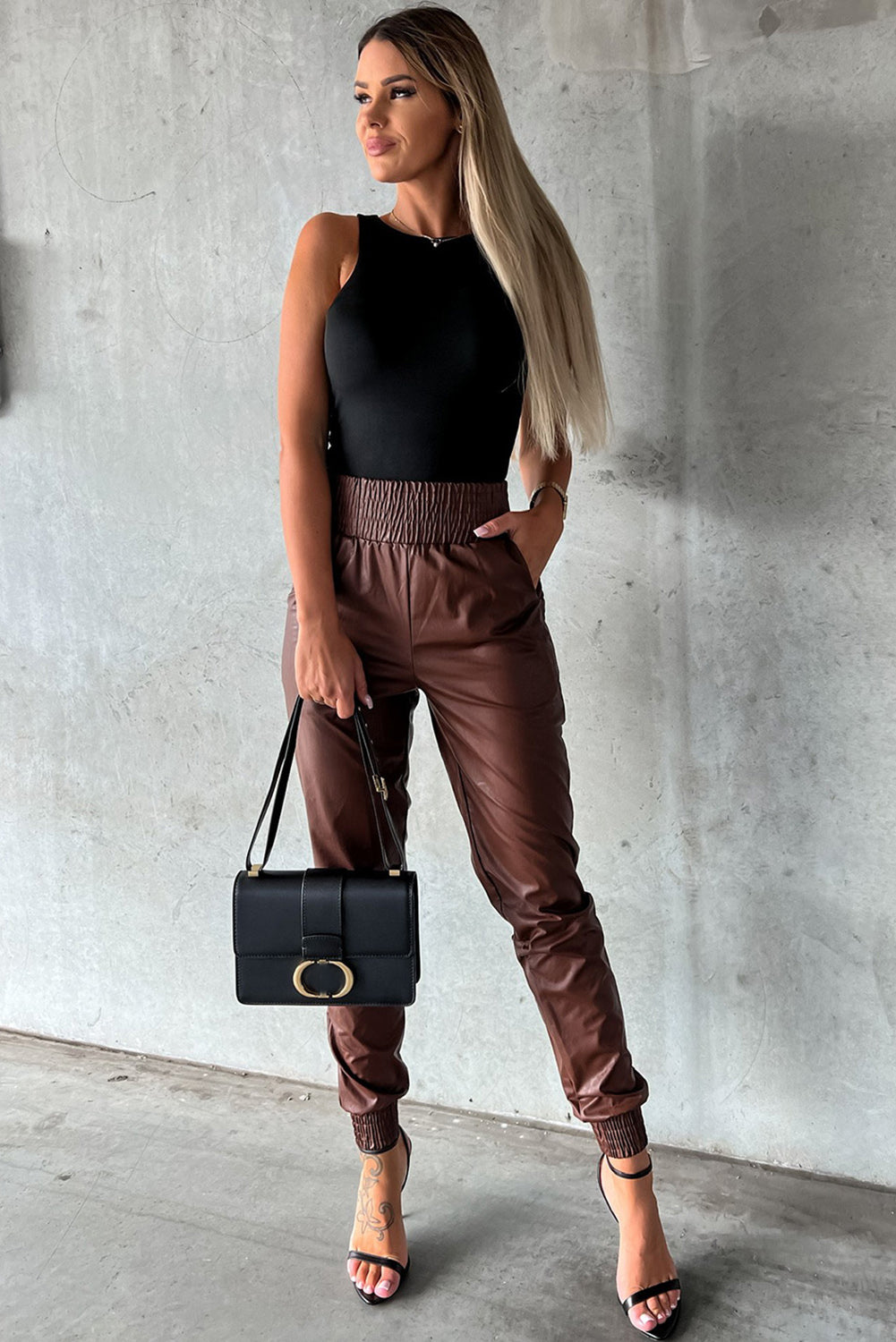 Black Smocked High Waist Leather Skinny Pants - Bellisima Clothing Collective