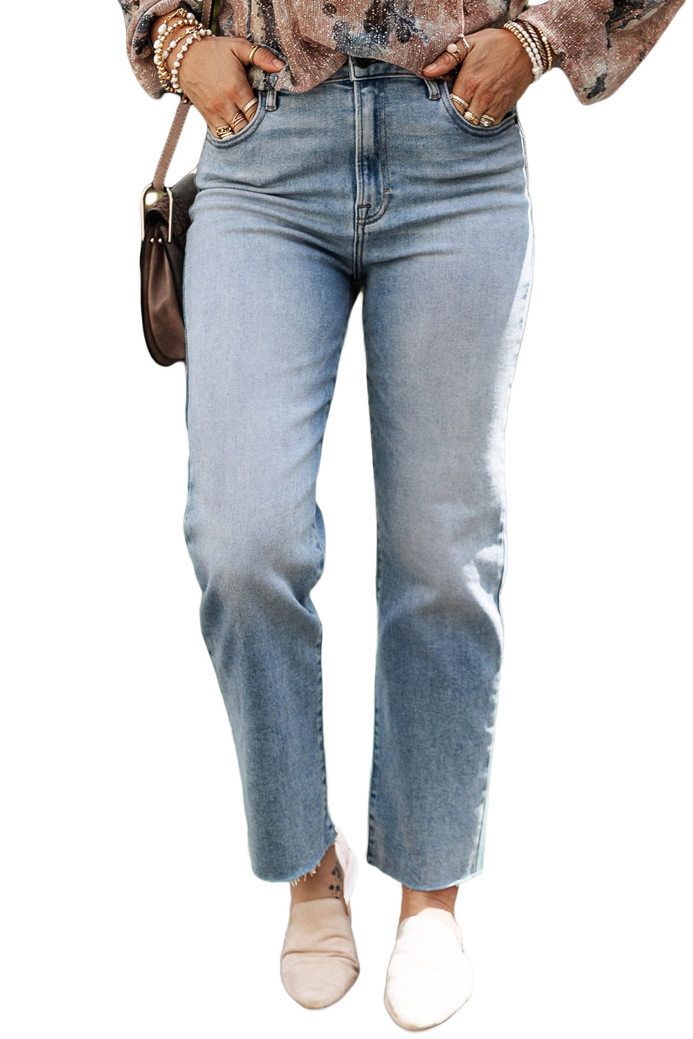 Light Blue Raw Hem Straight Jeans - Bellisima Clothing Collective