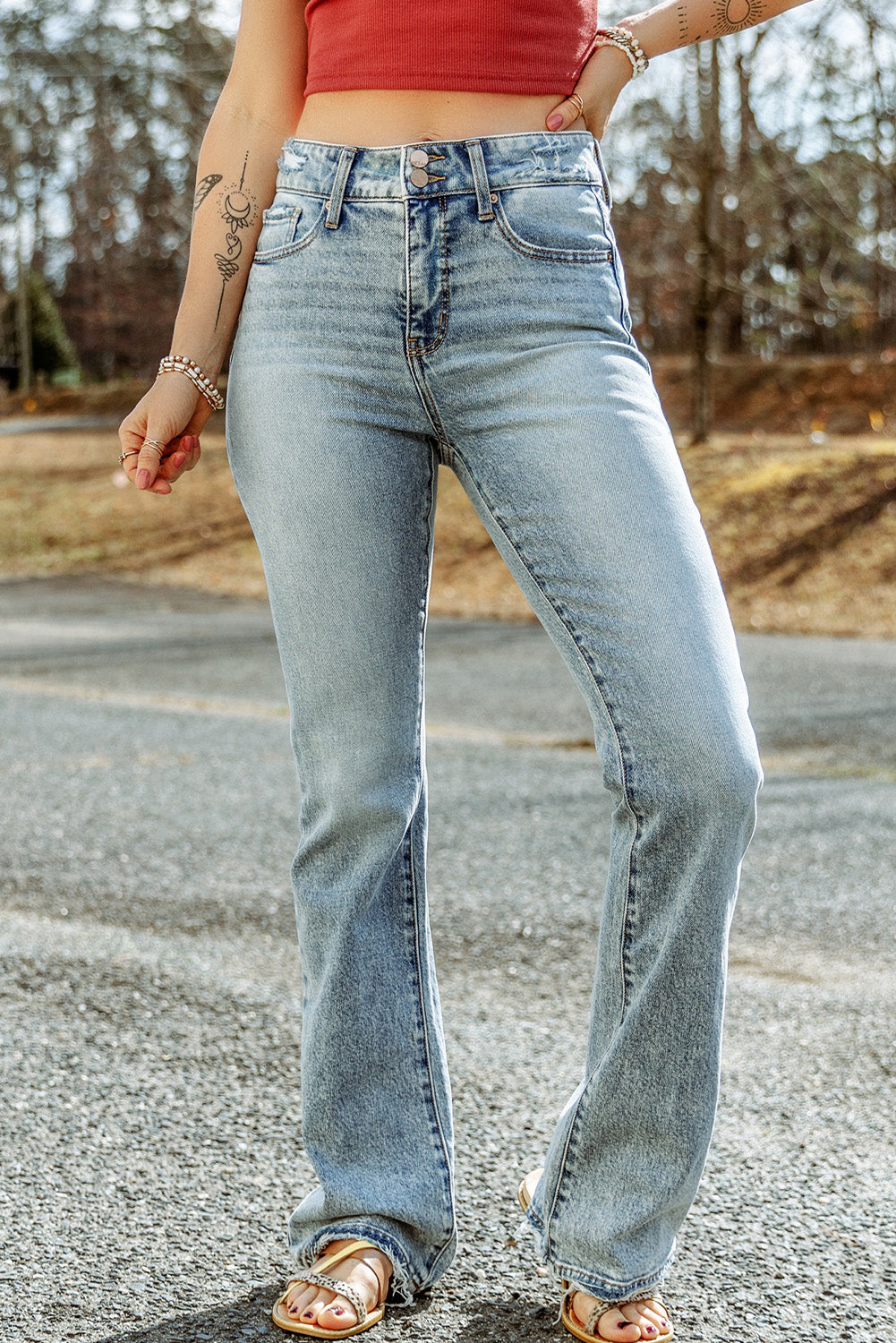 Light Distressed Flare High Rise Jeans - Bellisima Clothing Collective