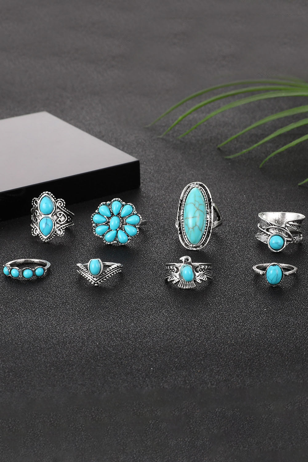 Green 8Pcs Vintage Turquoise Ring Set - Bellisima Clothing Collective