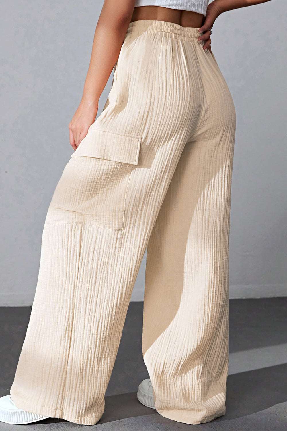 Apricot Loose Drawstring High Waist Crinkled Cargo Pants - Bellisima Clothing Collective