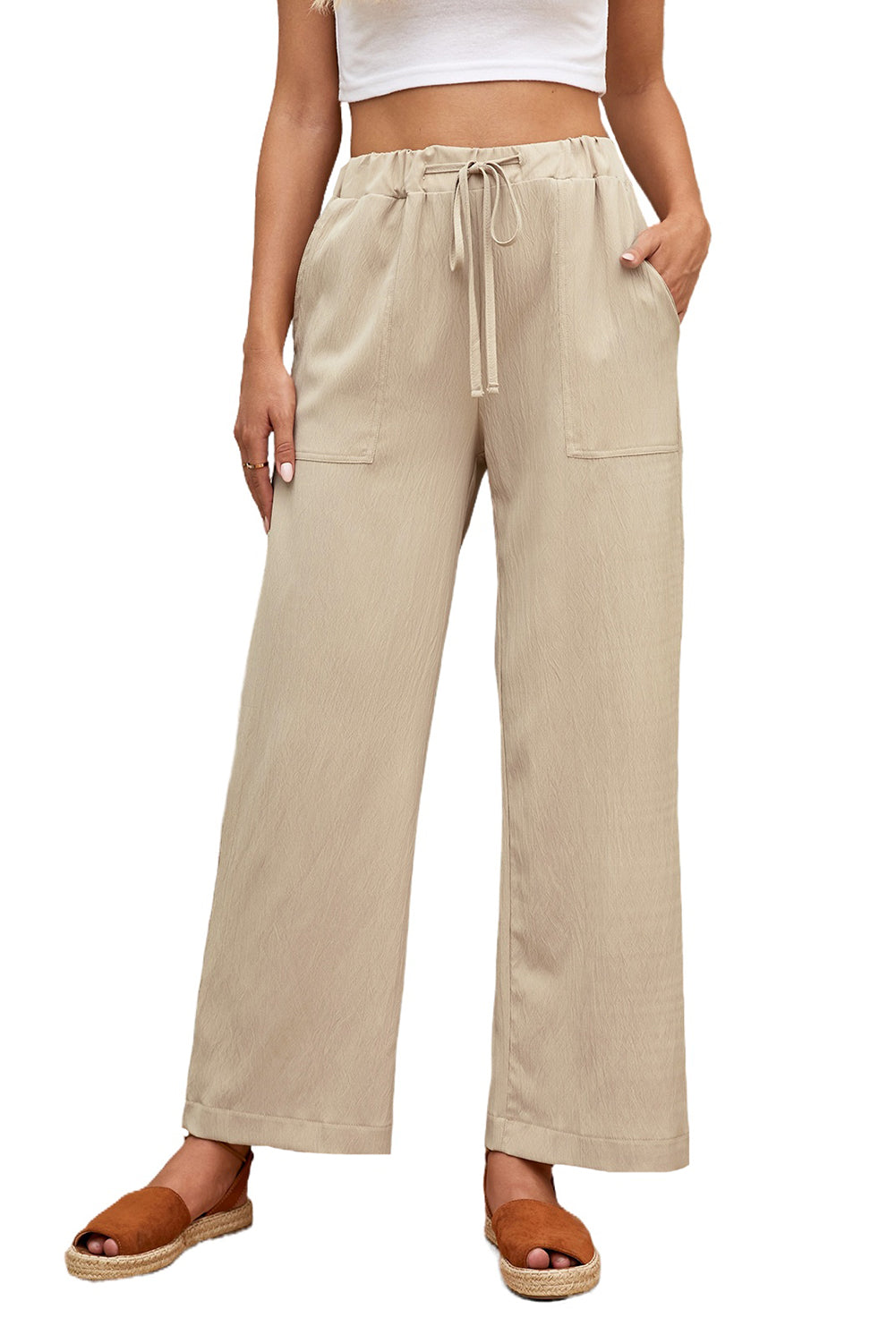 Khaki Drawstring Waist Crinkled Wide Leg Pants - Bellisima Clothing Collective