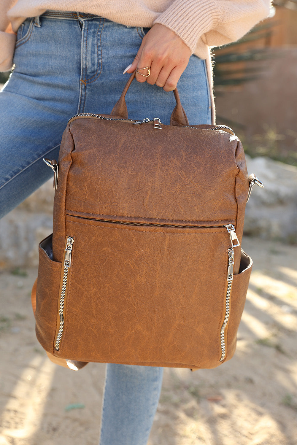 Chestnut Vintage Leather Large Zipper Backpack - Bellisima Clothing Collective