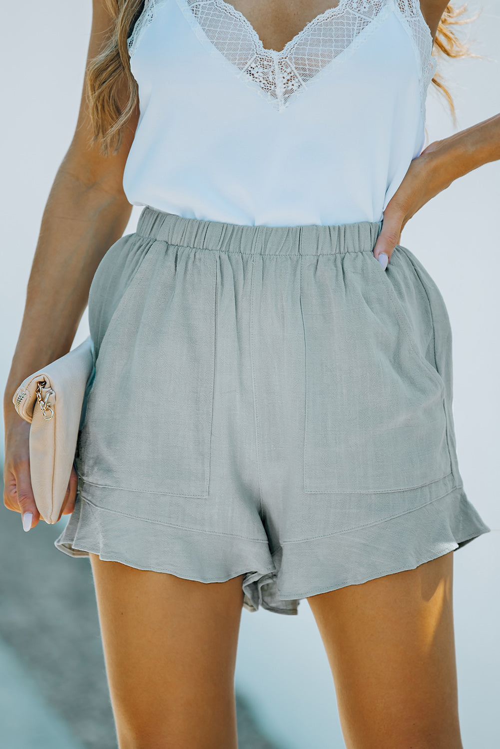 Khaki Casual Pocketed Ruffle High Waist Shorts - Bellisima Clothing Collective