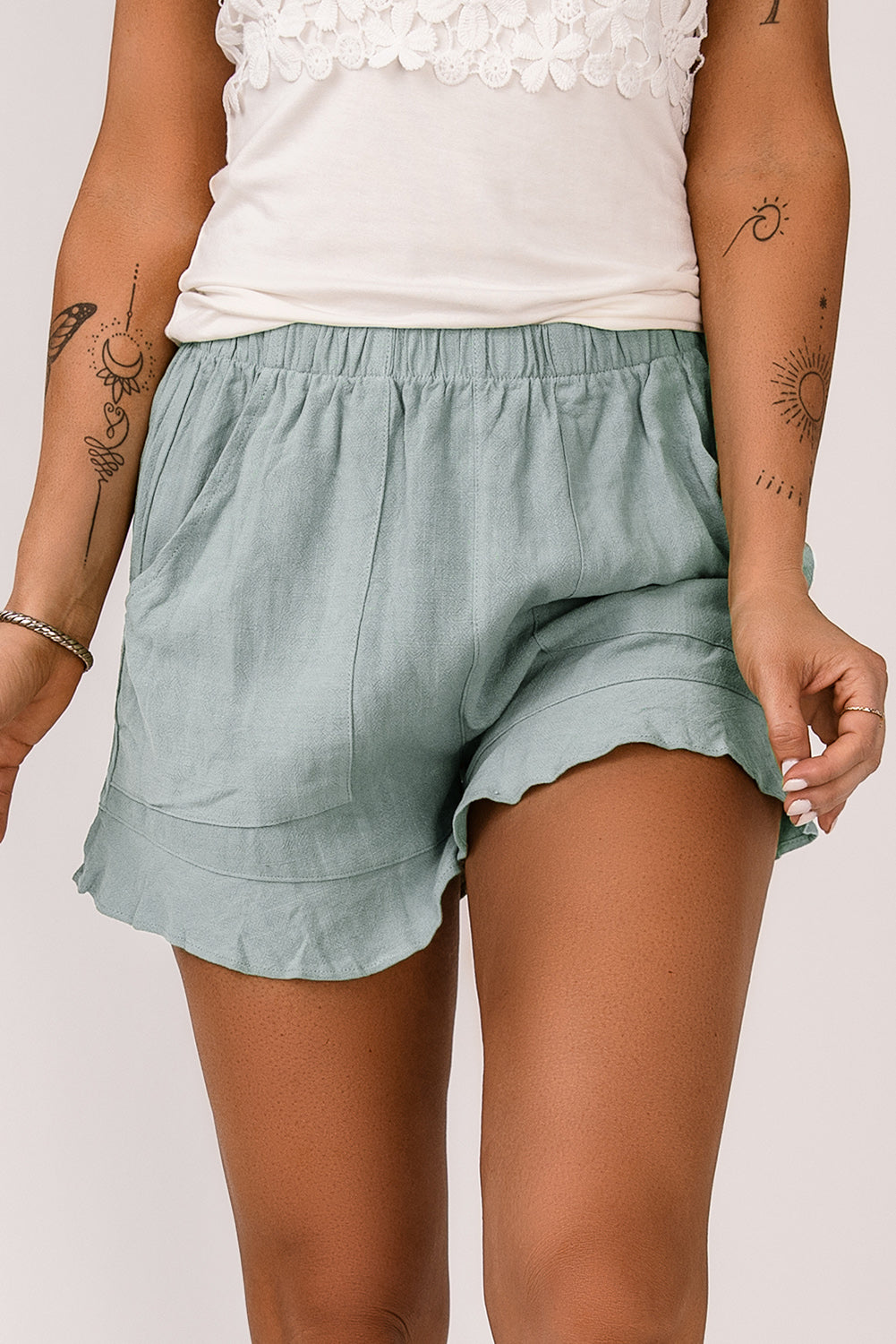 Khaki Casual Pocketed Ruffle High Waist Shorts - Bellisima Clothing Collective