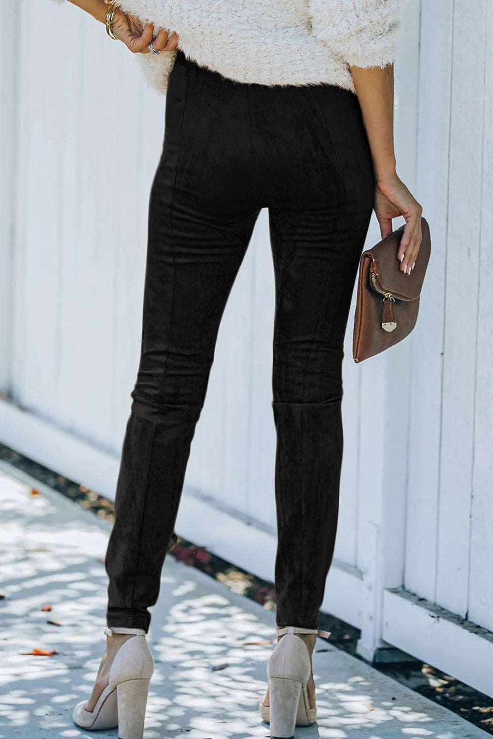 Black Mid Rise Faux Suede Skinny Leggings - Bellisima Clothing Collective