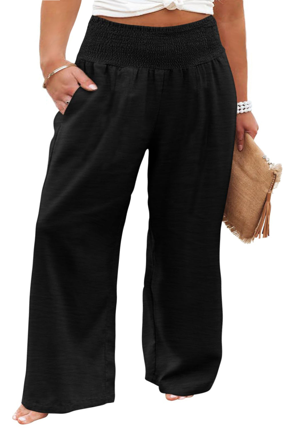 Black Shirred High Waist Plus Size Wide Leg Pants - Bellisima Clothing Collective