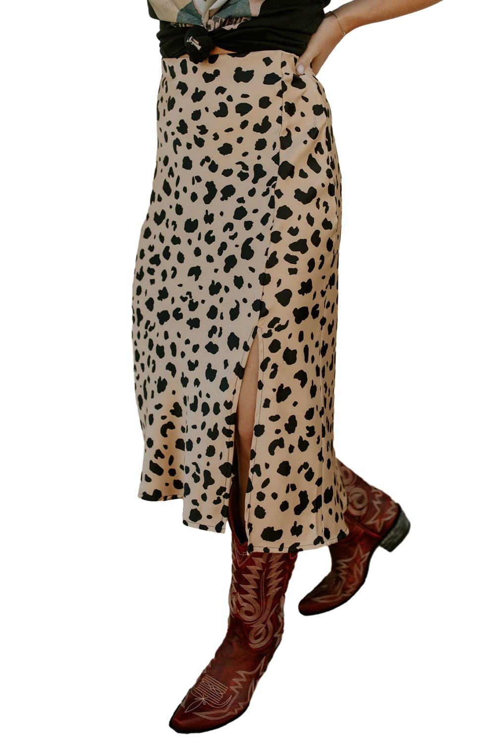 Beige Leopard Spots Print Side Split Midi Skirt