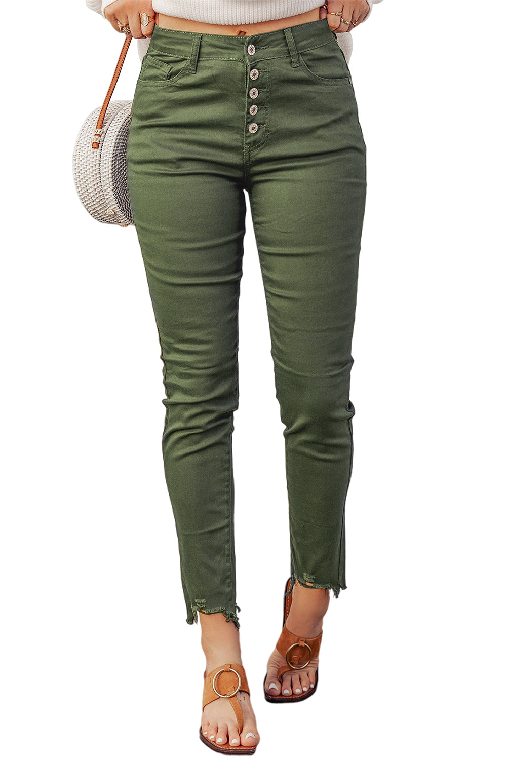 Green Frayed Raw Hem High Waist Denim Jeans - Bellisima Clothing Collective