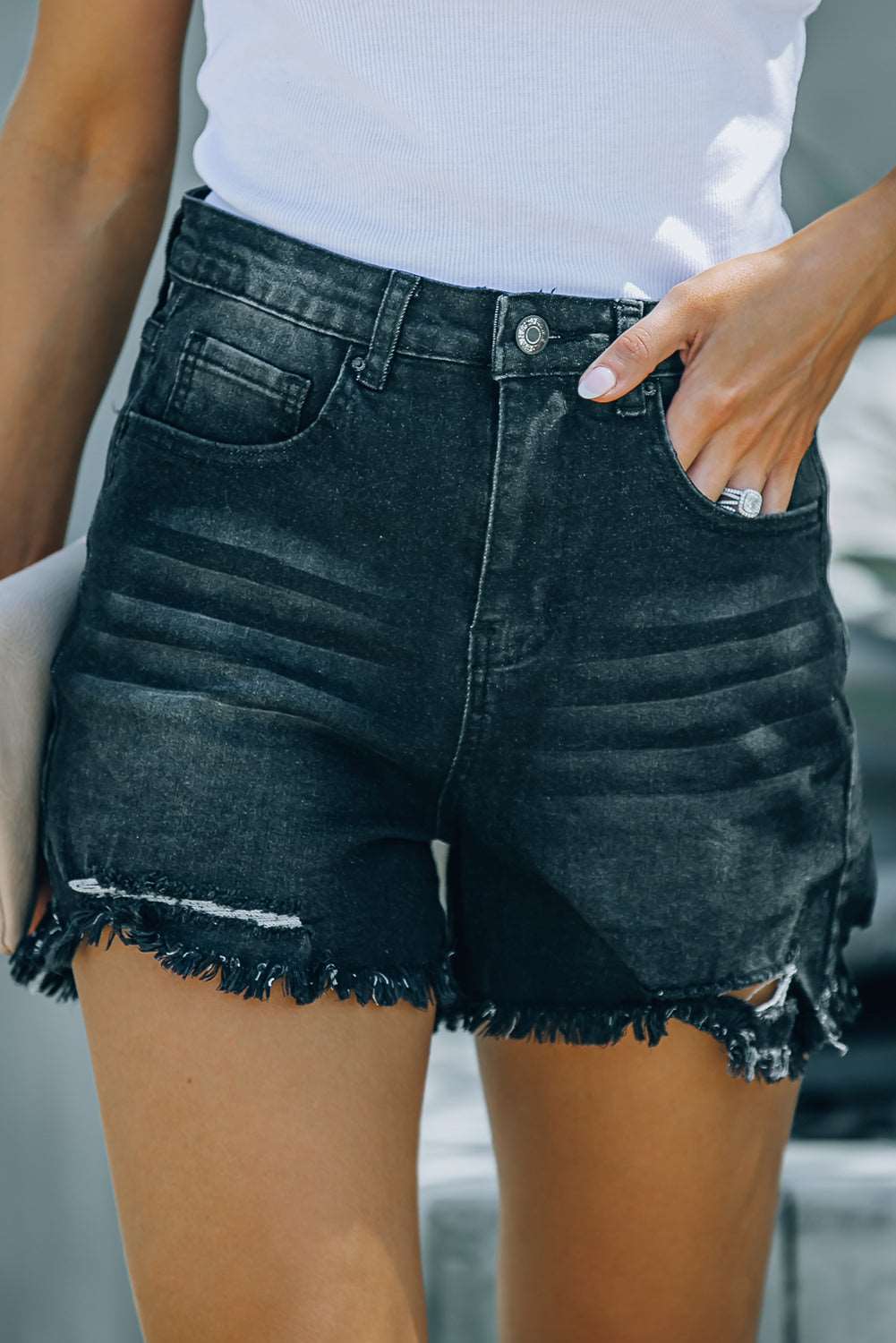 Black Casual Frayed High Waisted Denim Shorts - Bellisima Clothing Collective