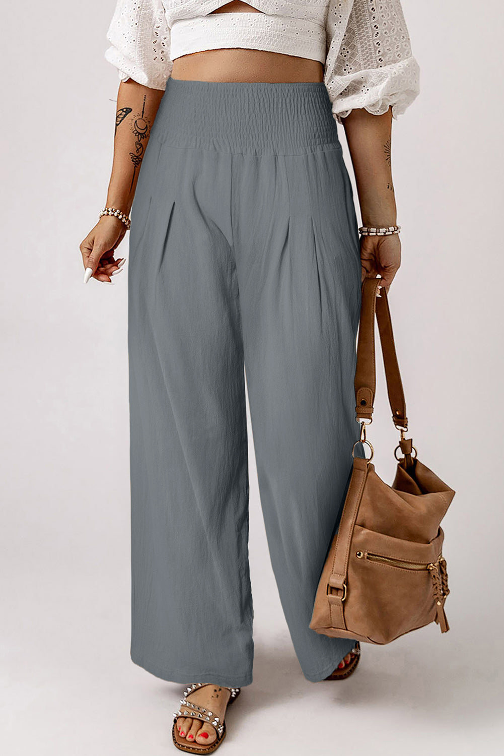 Khaki Smocked Wide Waistband High Waist Wide Leg Pants - Bellisima Clothing Collective