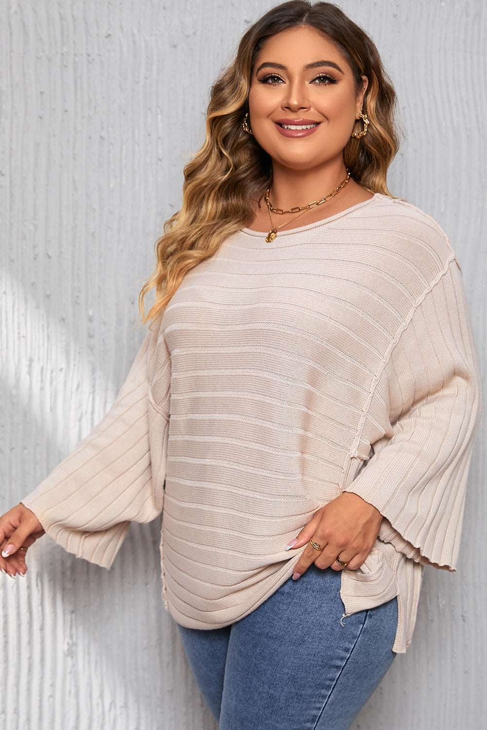 Apricot Plus Size Exposed Seam Bracelet Sleeve Ribbed Top - Bellisima Clothing Collective