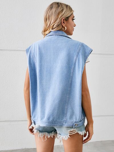 Pocketed Button Up Sleeveless Denim Jacket - Bellisima Clothing Collective