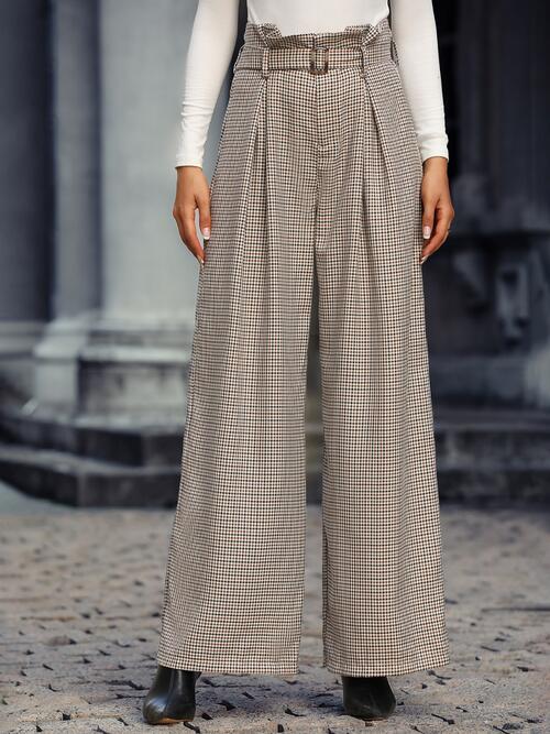 Plaid Wide Leg Pants With Belt - Bellisima Clothing Collective