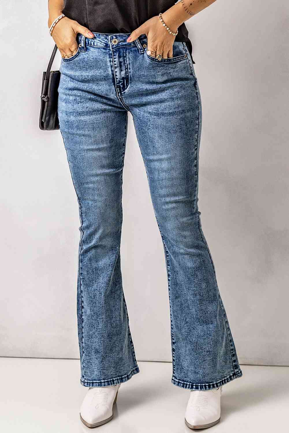 Baeful Vintage Wash Flare Jeans with Pockets - Bellisima Clothing Collective