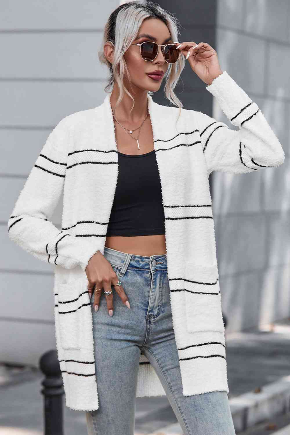 Striped Open Front Cardigan with Pockets - Bellisima Clothing Collective