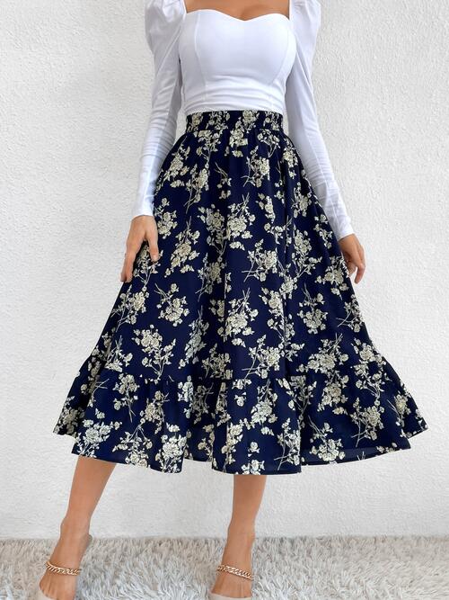 Floral Ruffle Hem Midi Skirt - Bellisima Clothing Collective