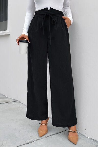 High Waist Tie Front Wide Leg Pants - Bellisima Clothing Collective