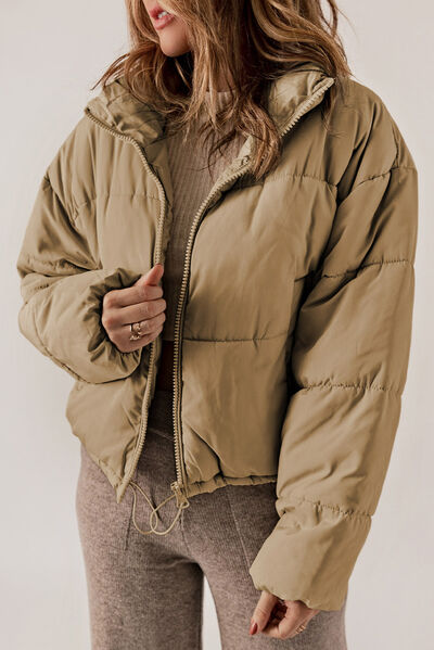 Zip Up Collared Neck Long Sleeve Winter Coat - Bellisima Clothing Collective