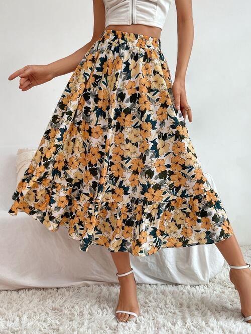 Floral Ruffle Hem Midi Skirt - Bellisima Clothing Collective