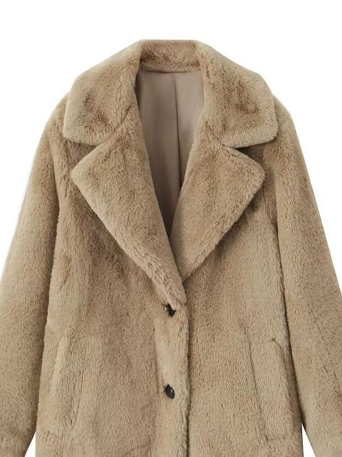 Faux Fur Button Up Lapel Neck Coat with Pocket - Bellisima Clothing Collective