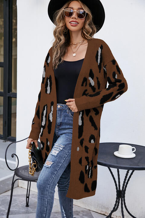 Leopard Open Front Cardigan with Pockets - Bellisima Clothing Collective