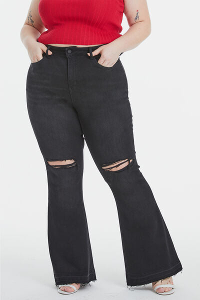 BAYEAS Full Size High Waist Distressed Raw Hem Flare Jeans - Bellisima Clothing Collective