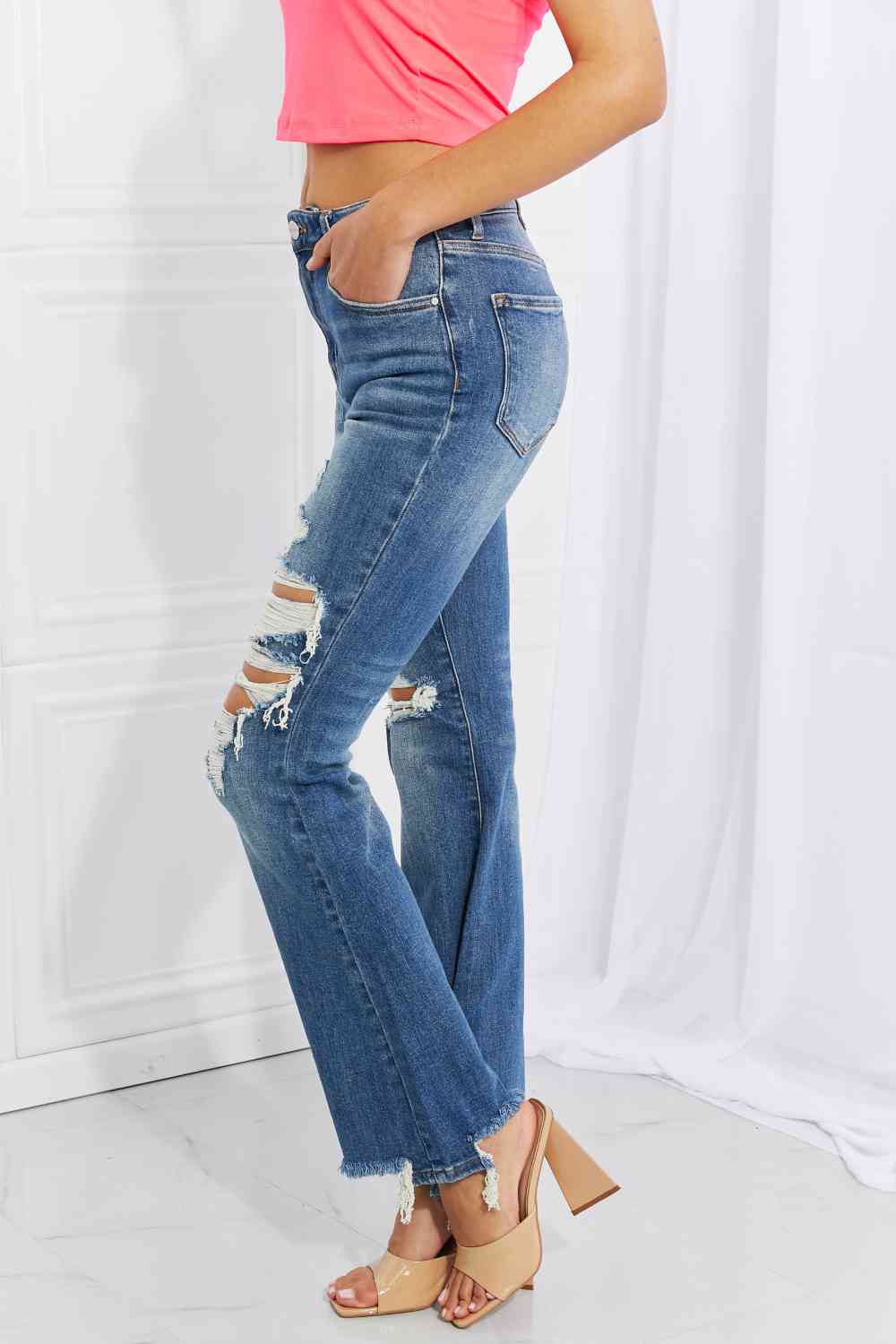 Hazel High Rise Distressed Flare Jeans by Risen - Bellisima Clothing Collective