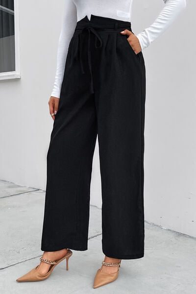 High Waist Tie Front Wide Leg Pants - Bellisima Clothing Collective