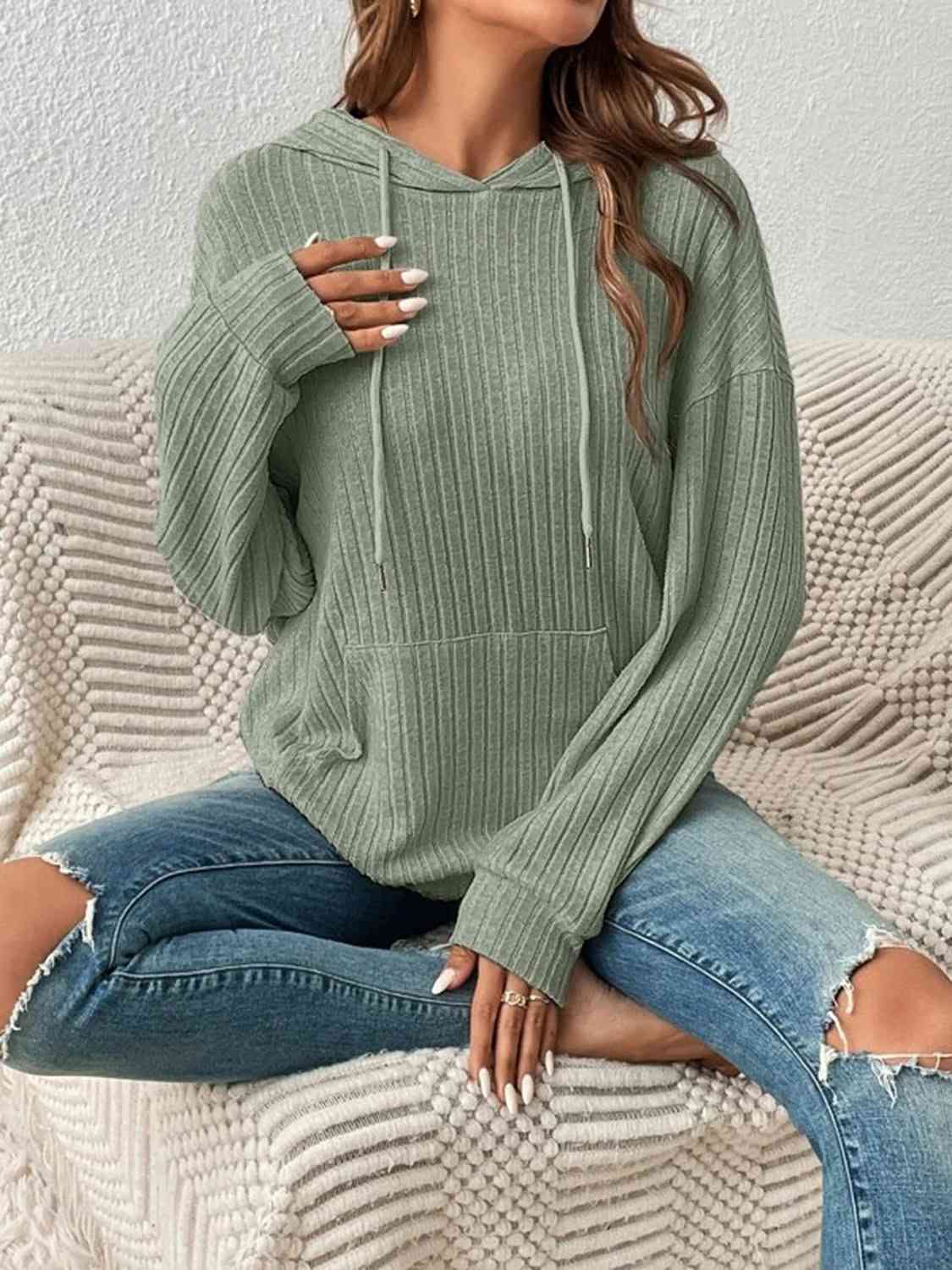 Ribbed Dropped Shoulder Drawstring Hoodie - Bellisima Clothing Collective