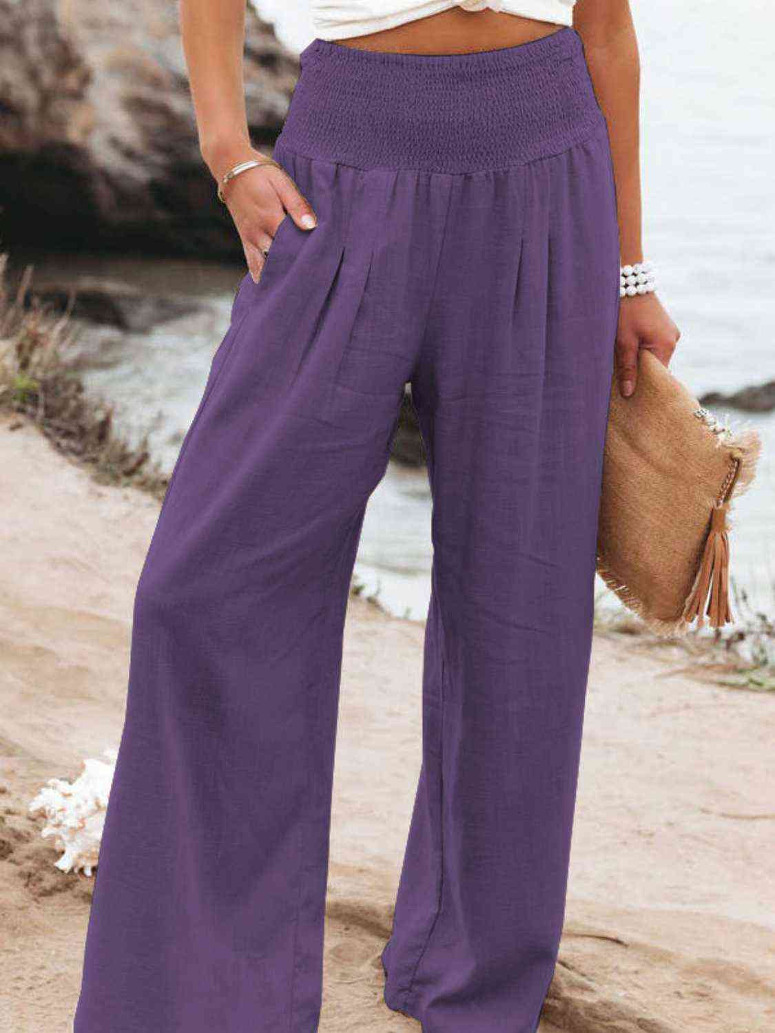 Full Size Smocked Waist Wide Leg Pants - Bellisima Clothing Collective