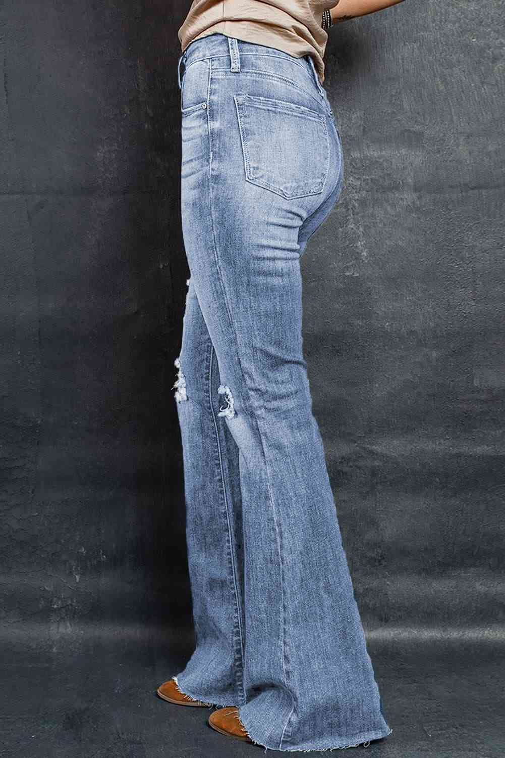 Distressed Raw Hem Flare Jeans - Bellisima Clothing Collective