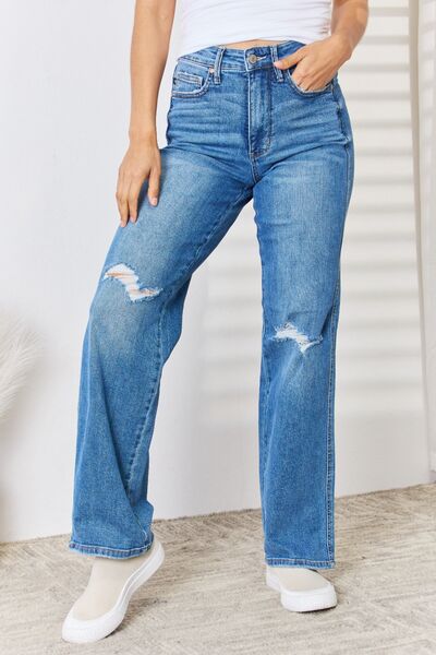 Judy Blue Full Size High Waist Distressed Straight-Leg Jeans - Bellisima Clothing Collective