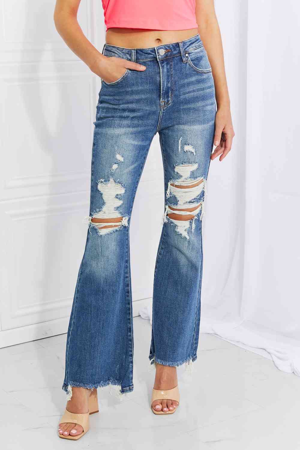 Hazel High Rise Distressed Flare Jeans by Risen - Bellisima Clothing Collective