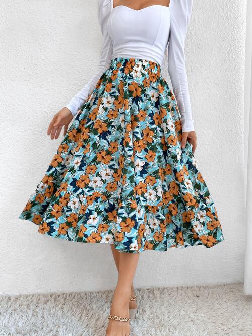 Floral Ruffle Hem Midi Skirt - Bellisima Clothing Collective