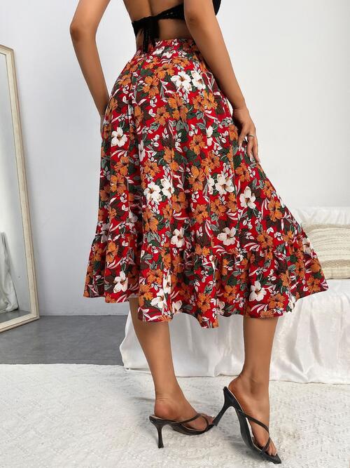 Floral Ruffle Hem Midi Skirt - Bellisima Clothing Collective