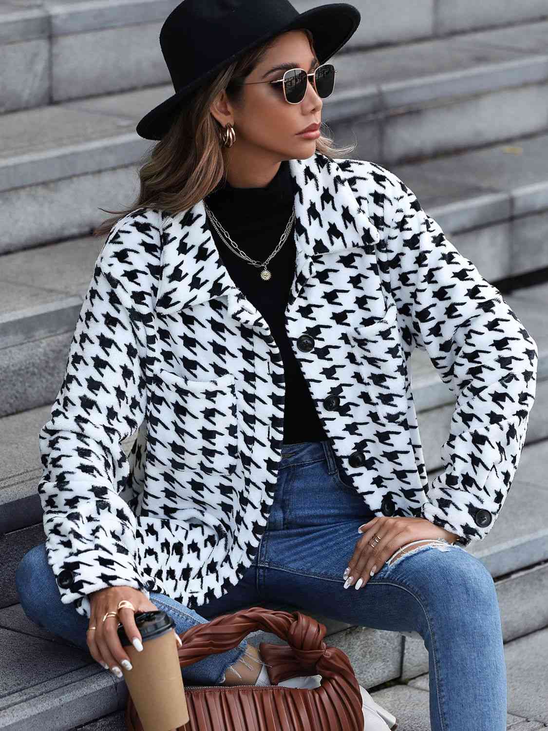 Houndstooth Button Down Jacket - Bellisima Clothing Collective