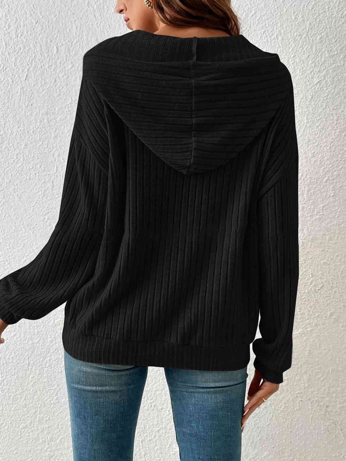 Ribbed Dropped Shoulder Drawstring Hoodie - Bellisima Clothing Collective