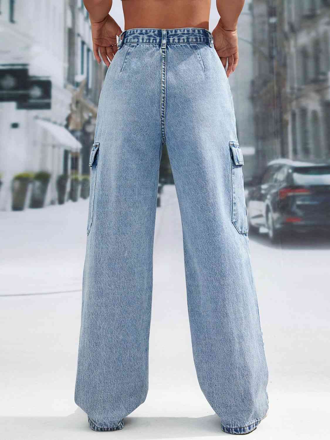 Cargo Wide Leg High Waist Jeans - Bellisima Clothing Collective