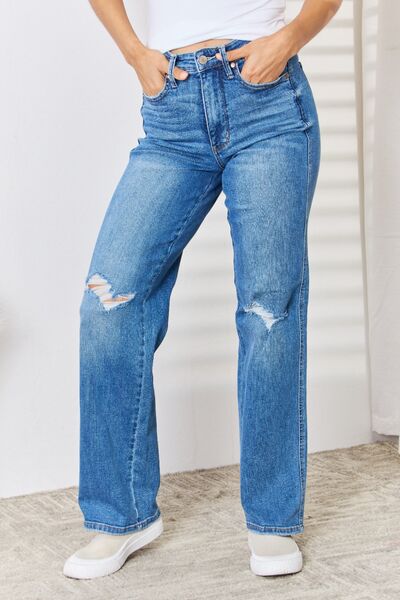 Judy Blue Full Size High Waist Distressed Straight-Leg Jeans - Bellisima Clothing Collective