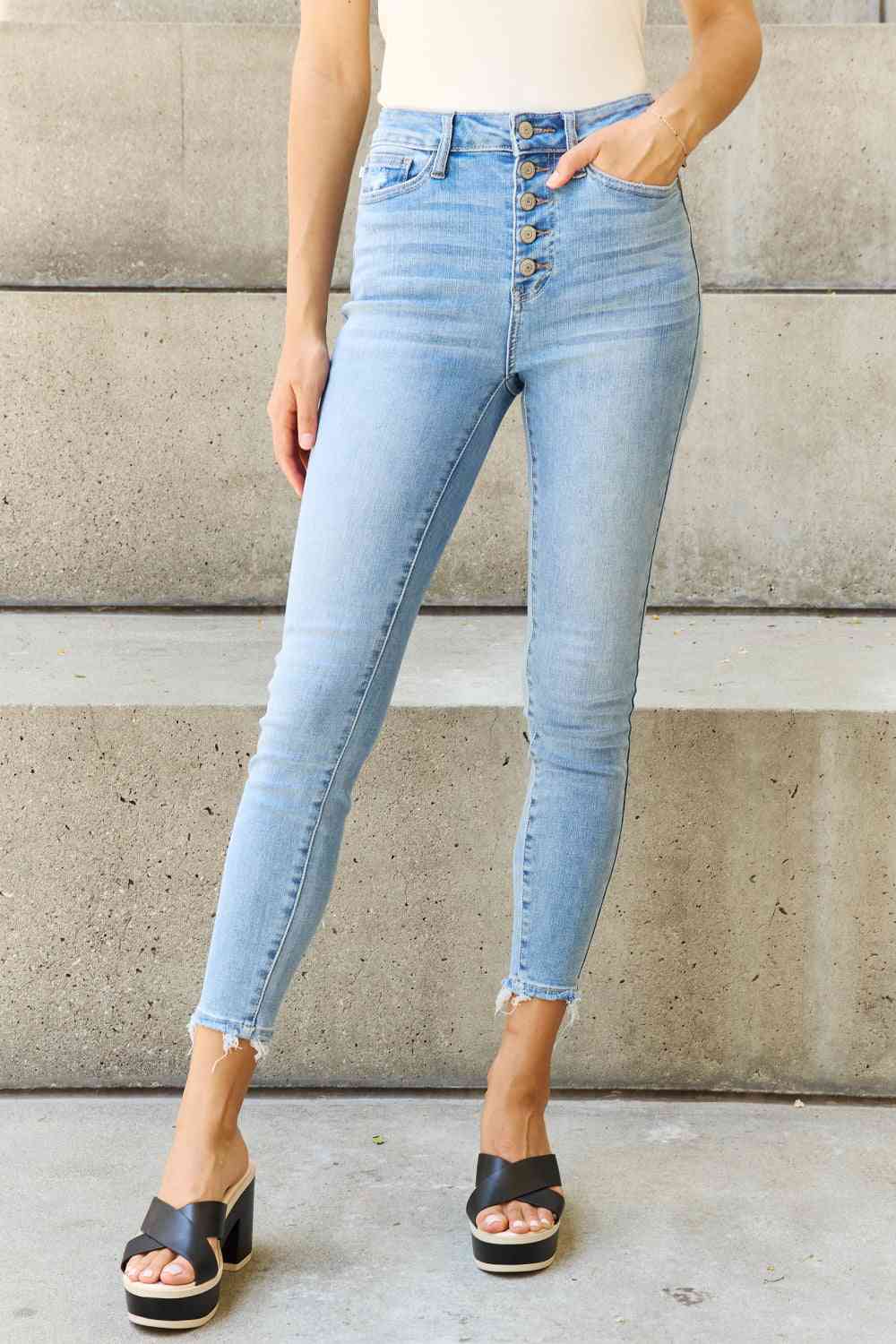 Button Fly Raw Hem Jeans by Judy Blue - Bellisima Clothing Collective