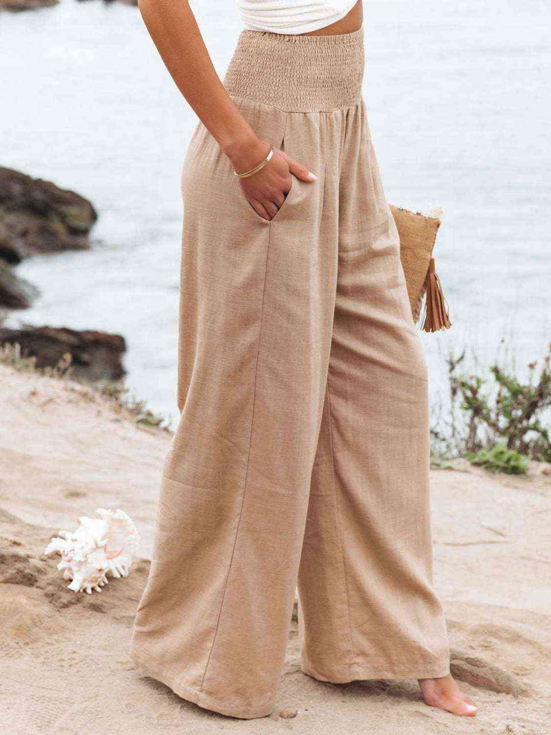 Full Size Smocked Waist Wide Leg Pants - Bellisima Clothing Collective