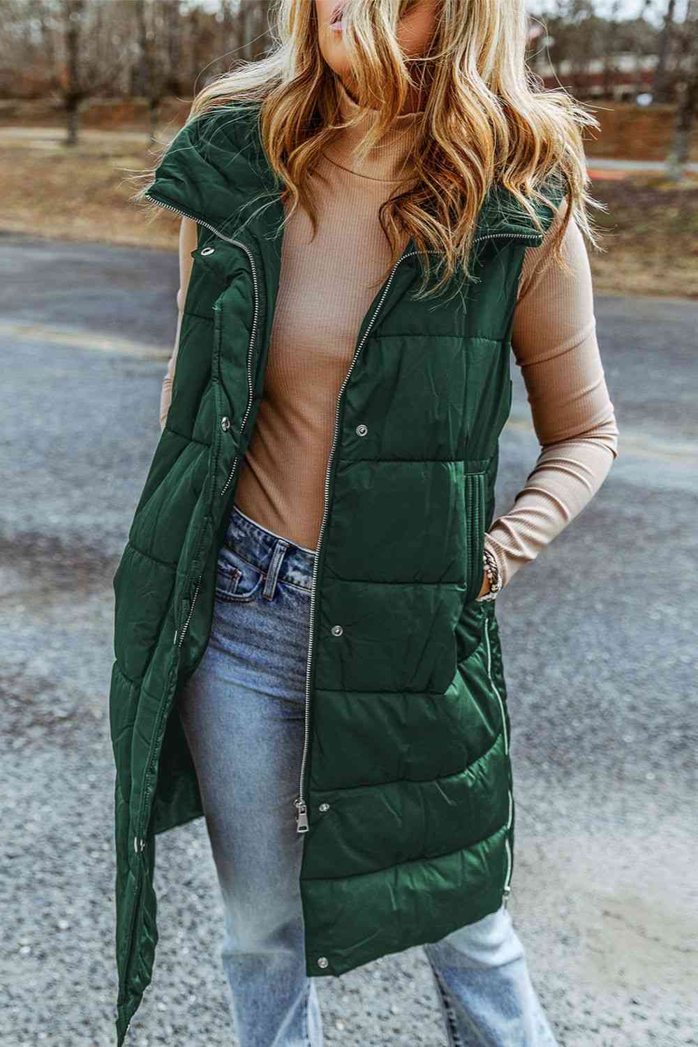 Longline Hooded Sleeveless Puffer Vest - Bellisima Clothing Collective