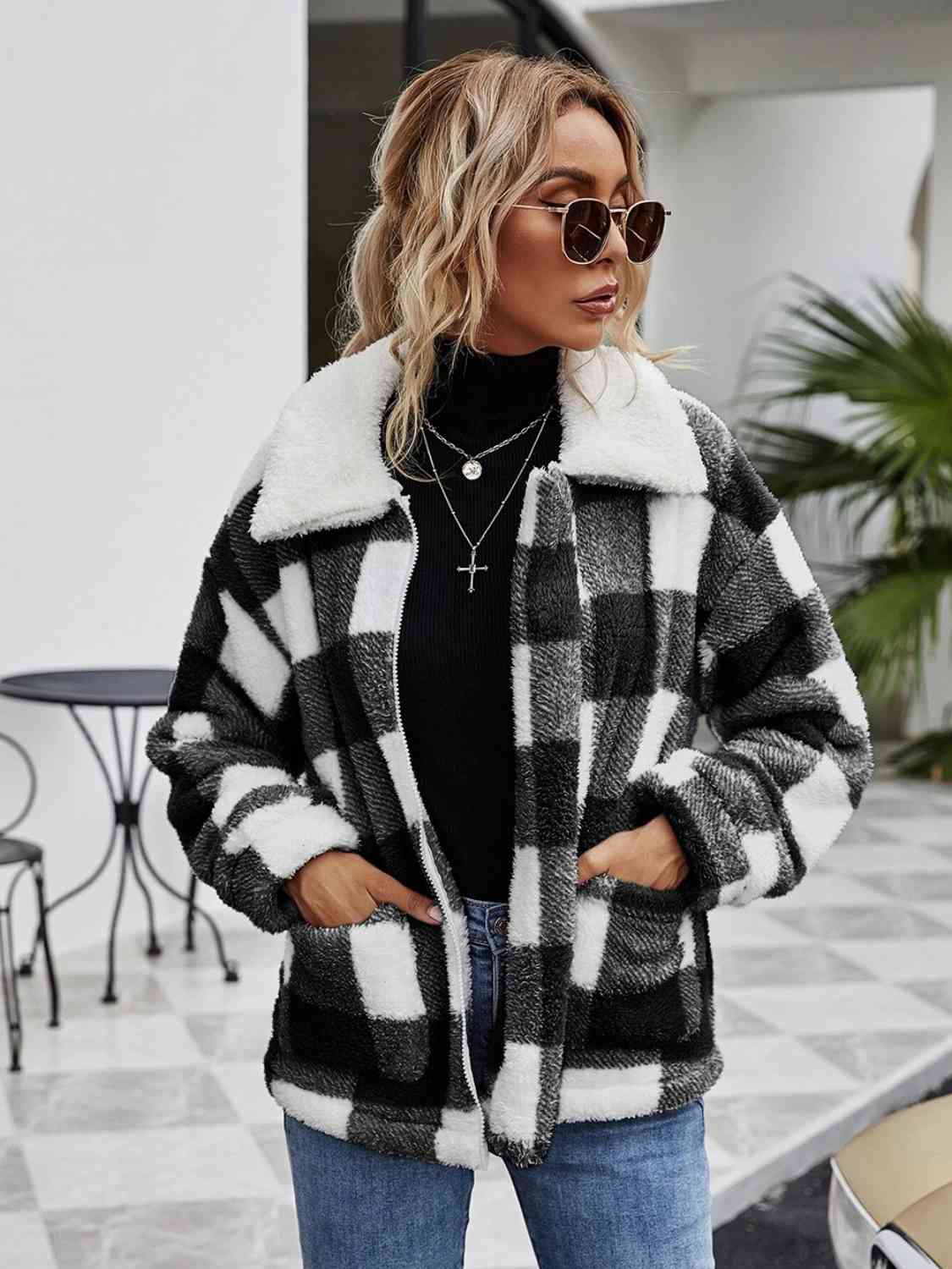 Plaid Zip-Up Collared Jacket - Bellisima Clothing Collective