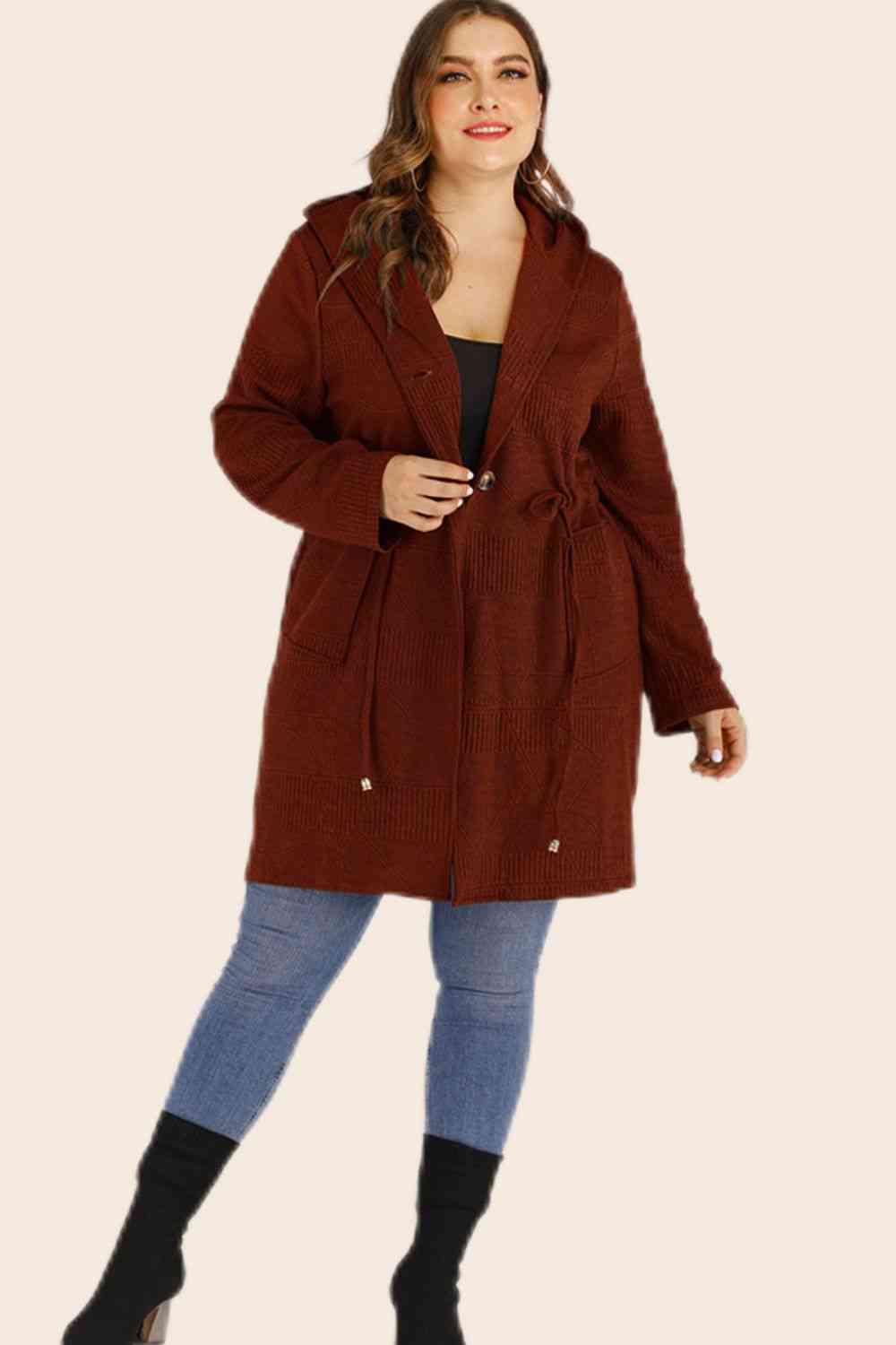 Plus Size Drawstring Waist Hooded Cardigan with Pockets - Bellisima Clothing Collective