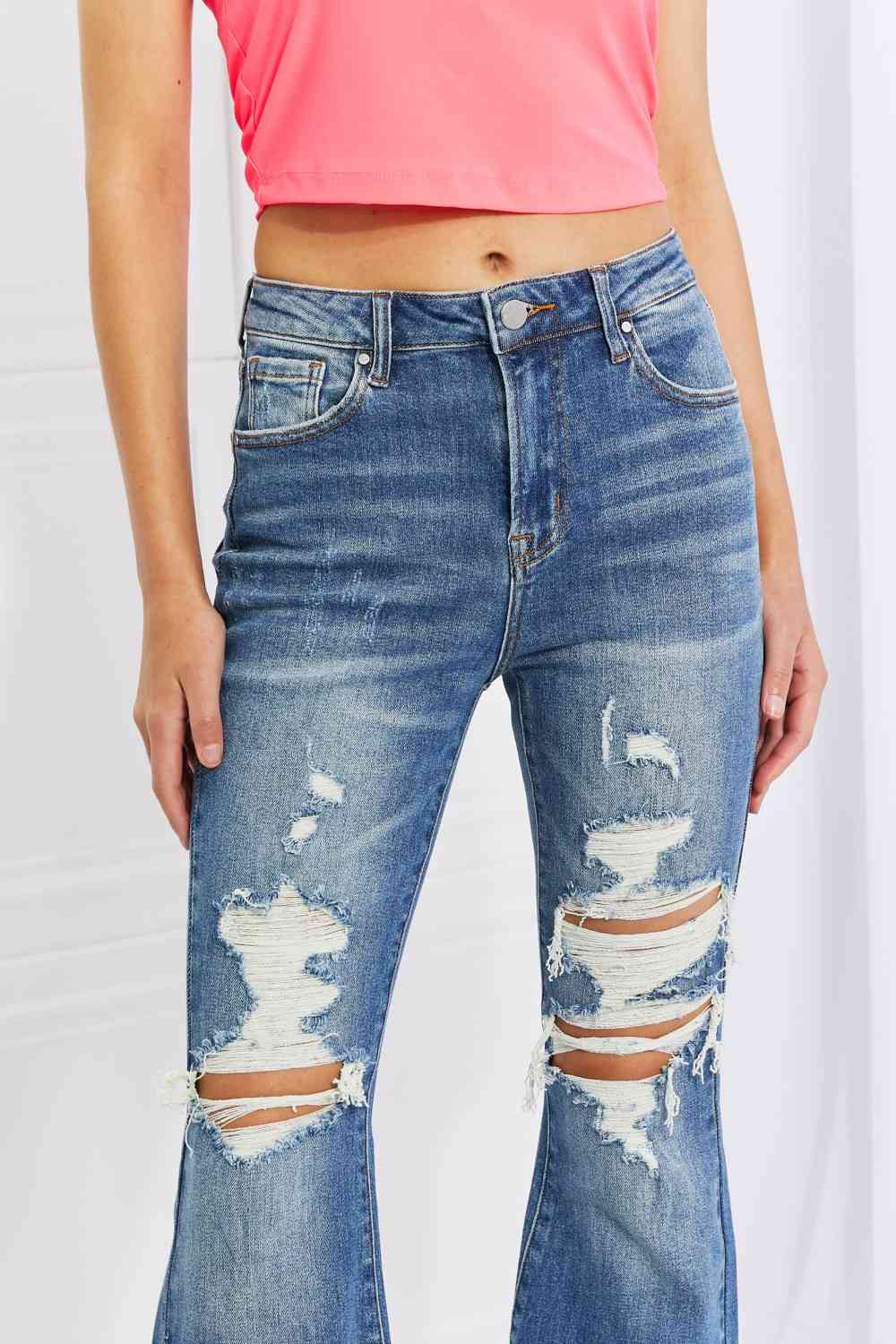 Hazel High Rise Distressed Flare Jeans by Risen - Bellisima Clothing Collective