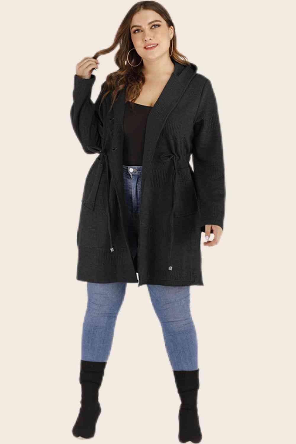 Plus Size Drawstring Waist Hooded Cardigan with Pockets - Bellisima Clothing Collective