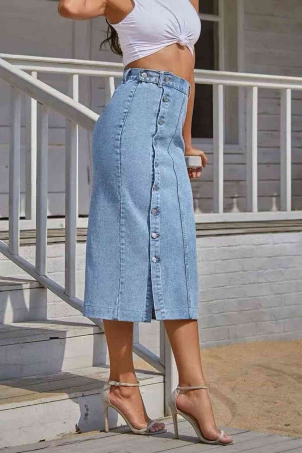 Buttoned Split Denim Skirt - Bellisima Clothing Collective