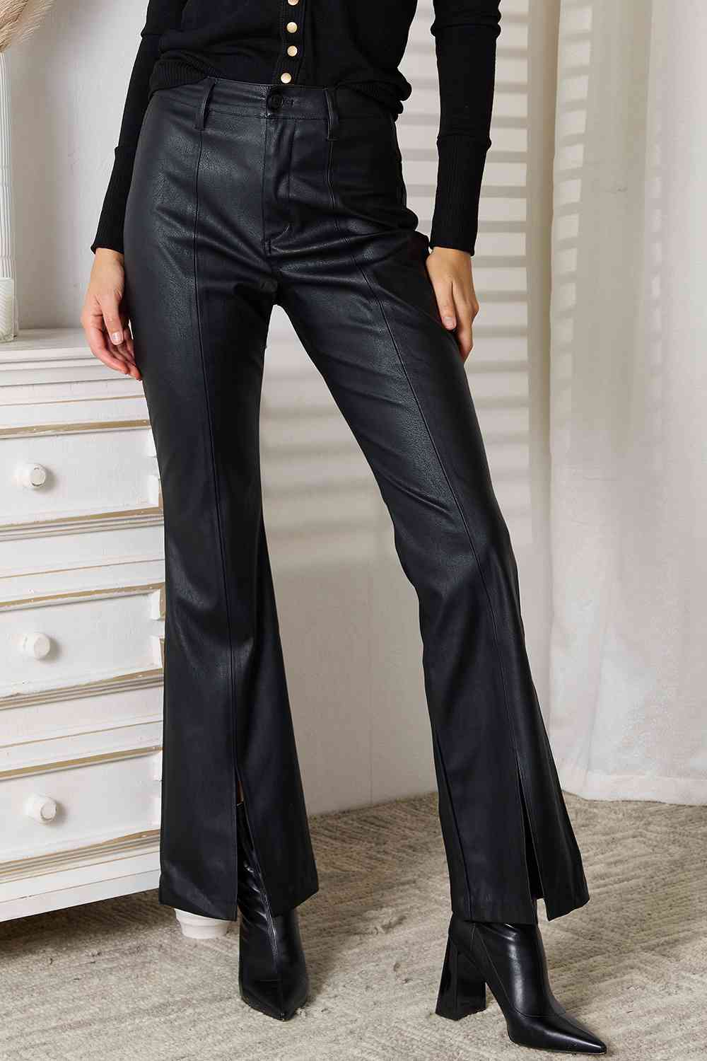 Slit Flare Leg Matte Black Pants by Kancan - Bellisima Clothing Collective